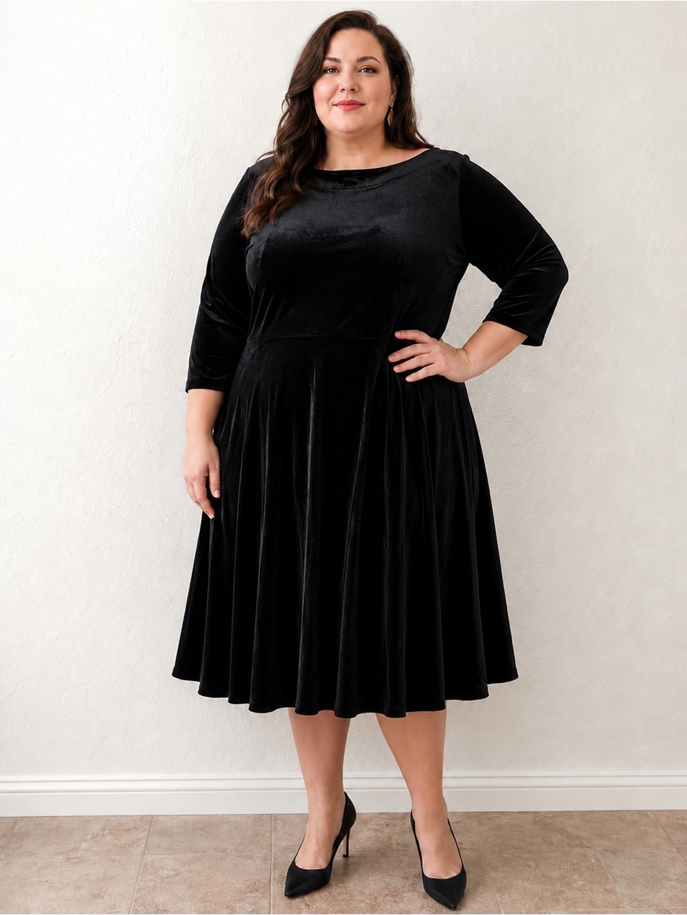 UNIQUE VINTAGE Women’s Size 5X/26 Black Velvet Retro Fit & Flare Midi Dress